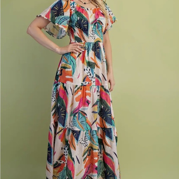 Vibrant Tropical Print Smocked Waist Boho Midi Dress - Picture 3 of 7